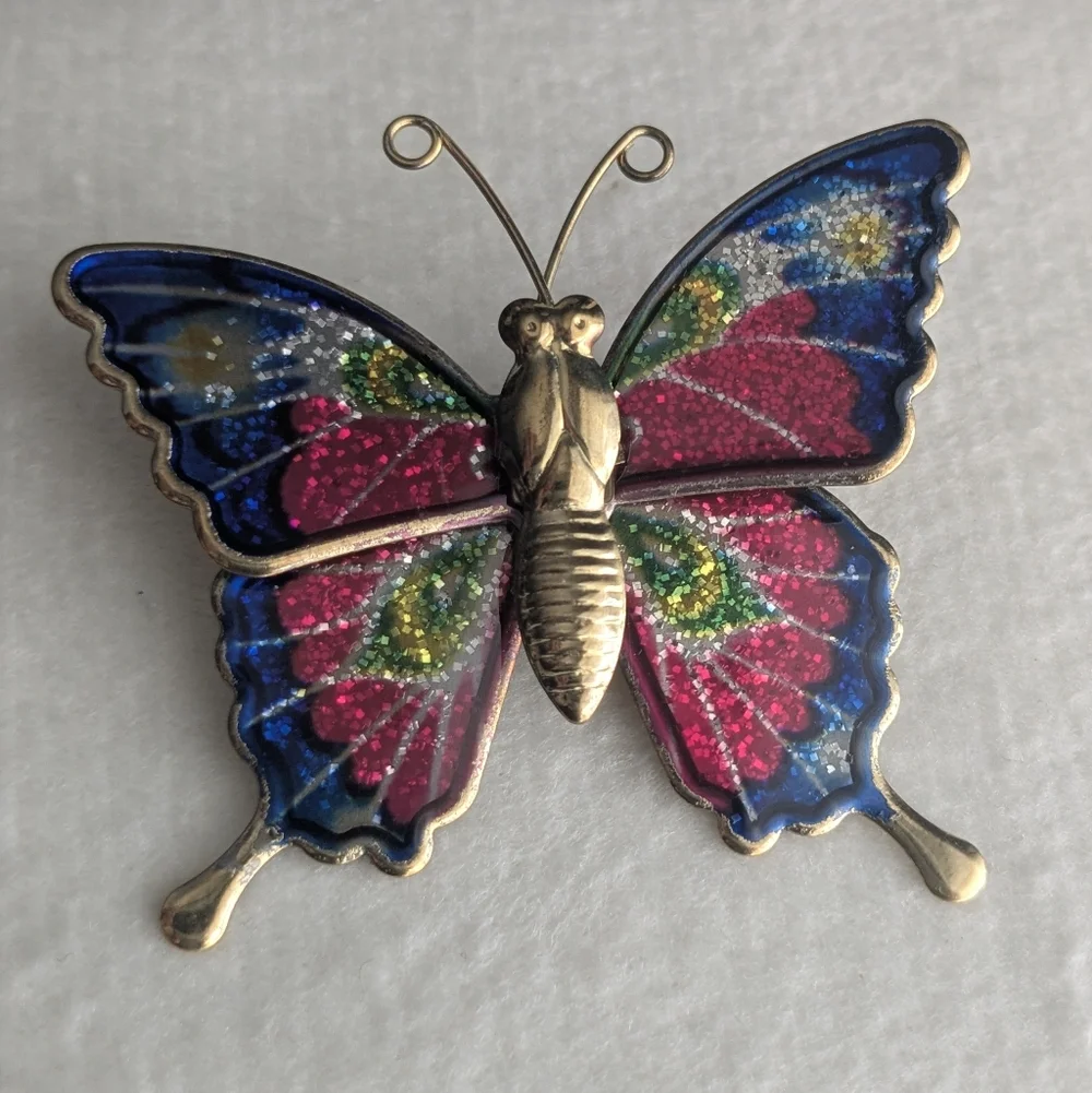 3 Vintage Multicolored Gold Tone Colorful Butterfly Brooches